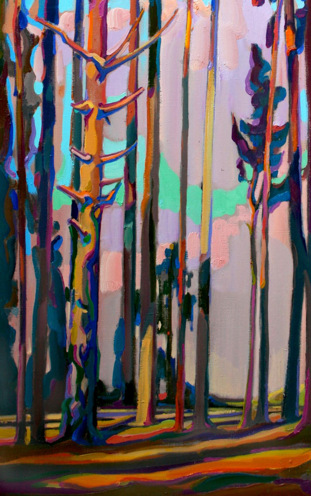 Vibrant oil painting of red pines by Leonid Pavlenko, abstract forest in bold hues