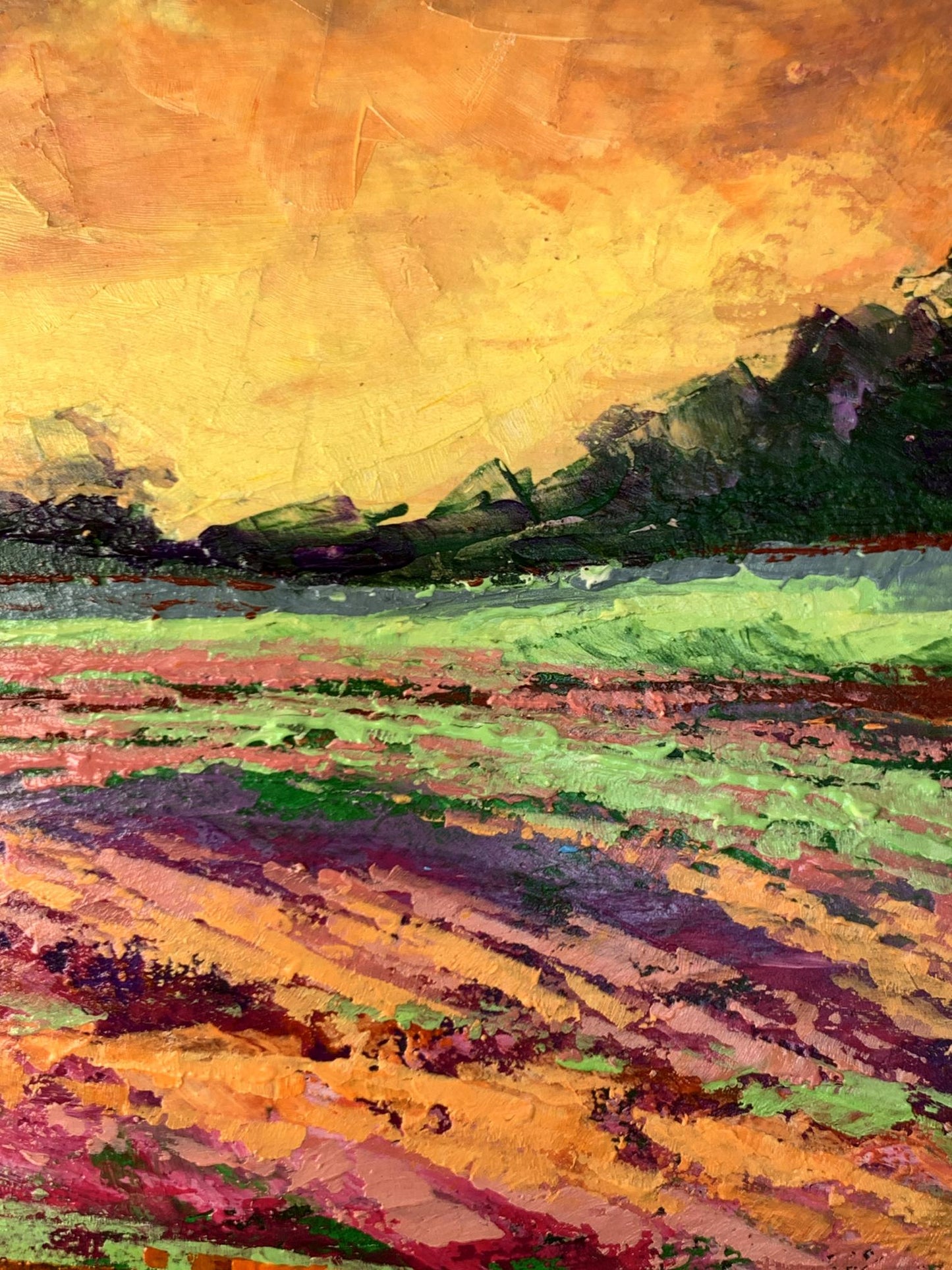 Vibrant oil painting Sunset behind the forest by V. Zadorozhnya