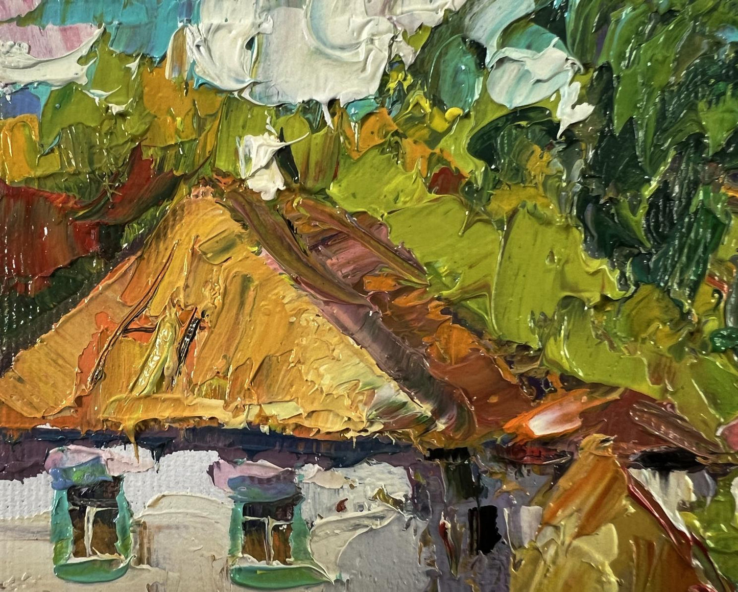 Oil painting of village yard with apiary by Oksana Ivanyuk