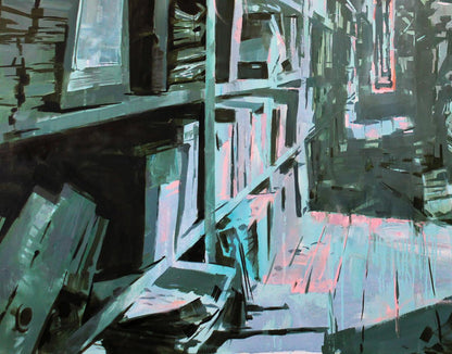 Oil painting Archive Ed Potapenkov with teal gray angular shapes pink accents