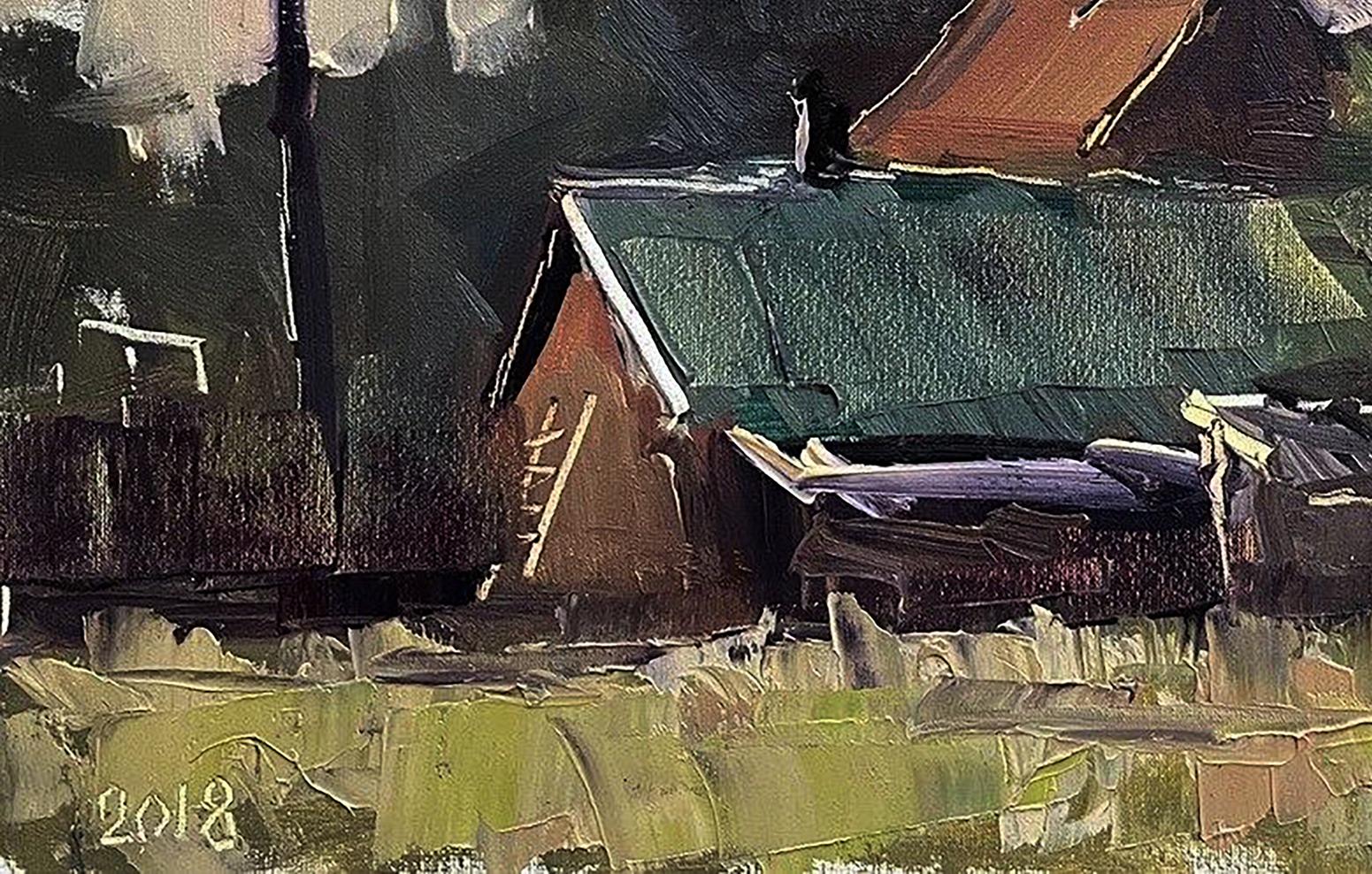 Oil painting of rustic barn by Volodymyr Pashchenko, Study in the village