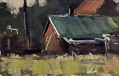 Oil painting of rustic barn by Volodymyr Pashchenko, Study in the village