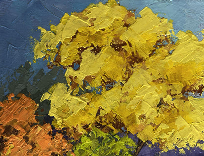 Oil painting In the autumn forest V. Zadorozhnya with vibrant yellow orange textured strokes on deep blue canvas