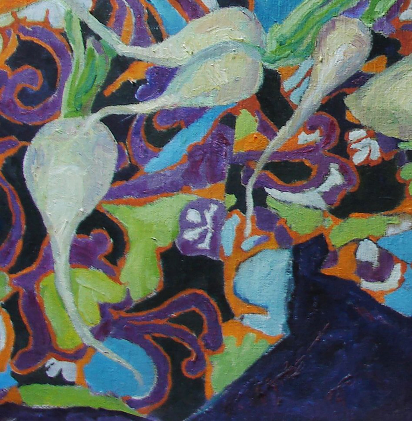 Vibrant oil painting Radish by Tatyana Shulyak with stylized white radishes