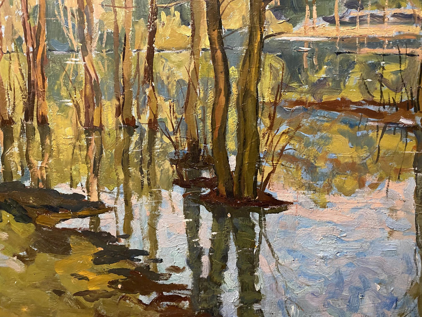 Impressionistic oil painting Spring flood by Boris Talko, tall trees in reflective water