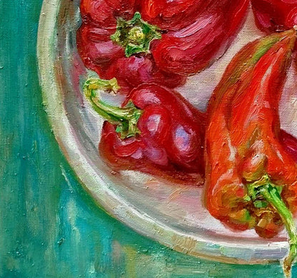 Oil painting of vibrant red bell peppers by Leonid Pavlenko