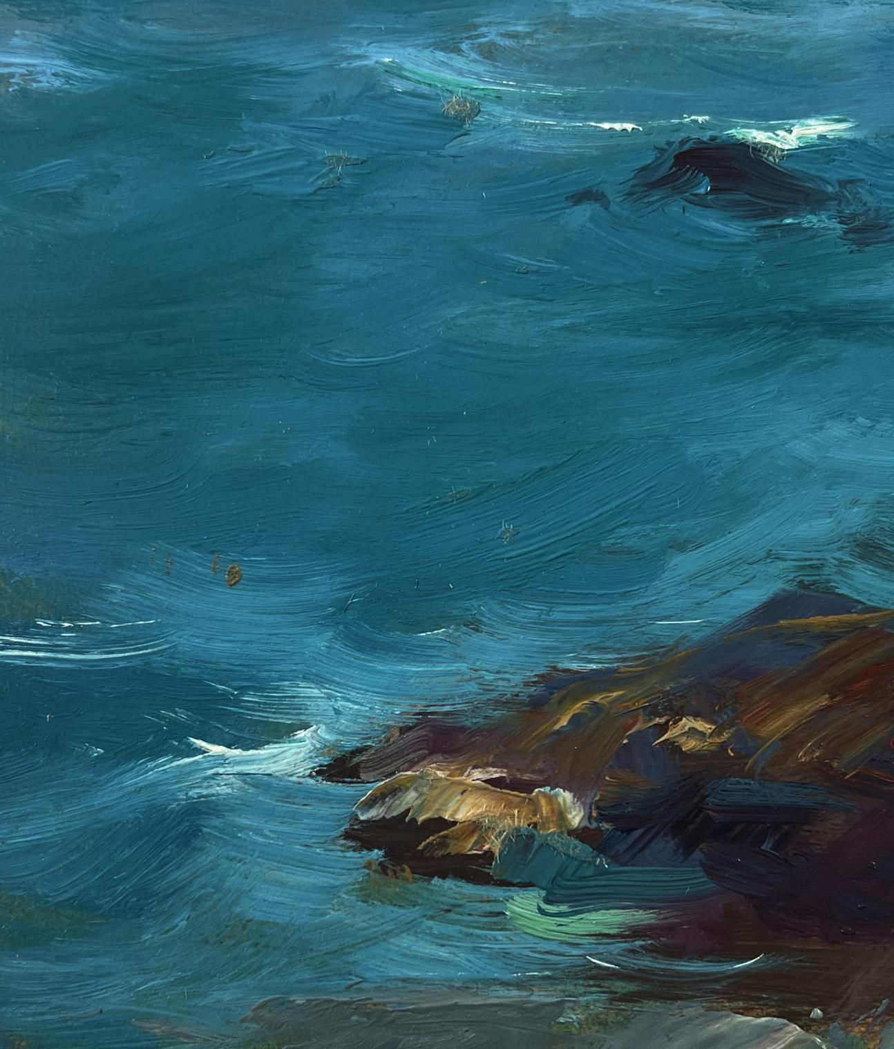 Oil painting Shore with a boat by Yuriy Suprunchuk: turbulent waves on rocks