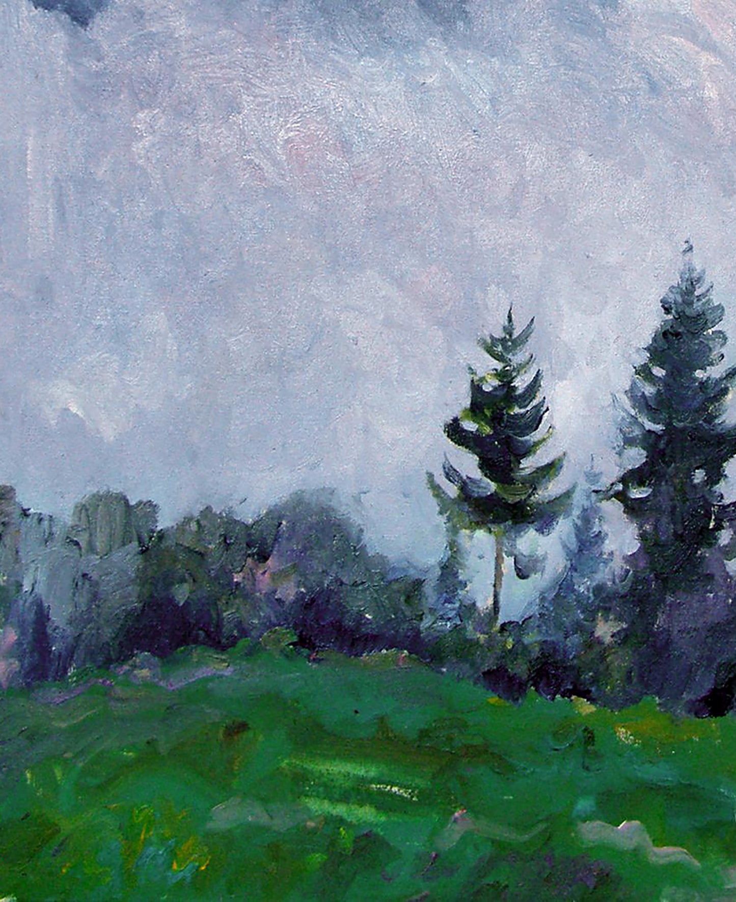 Morning fog by Leonid Pavlenko: misty impressionist pines in gray-blue sky