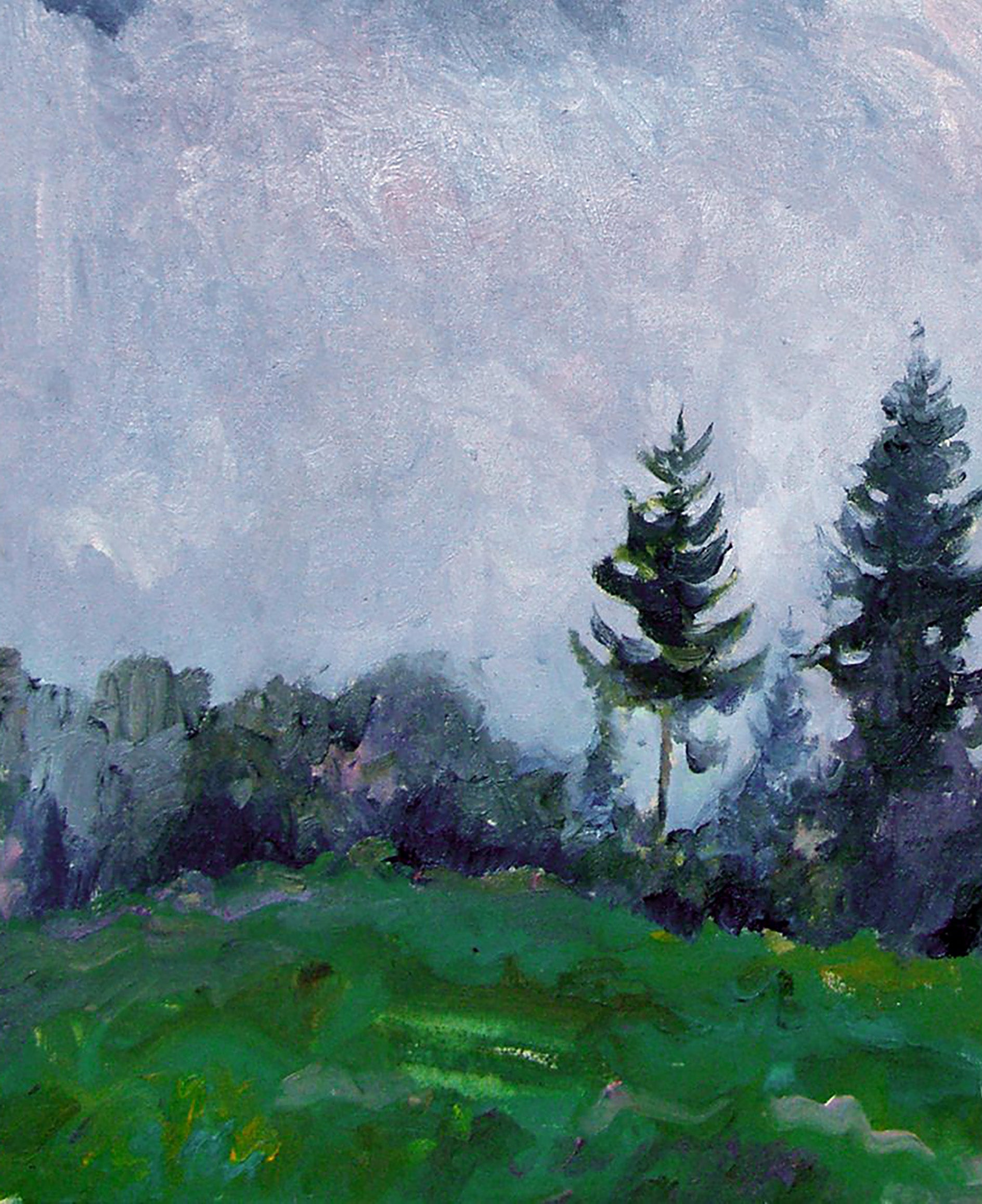 Morning fog by Leonid Pavlenko: misty impressionist pines in gray-blue sky