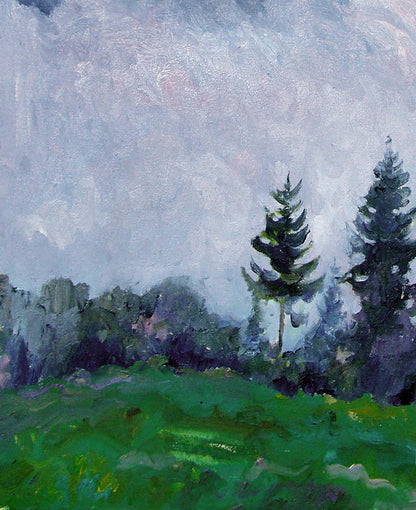 Morning fog by Leonid Pavlenko: misty impressionist pines in gray-blue sky