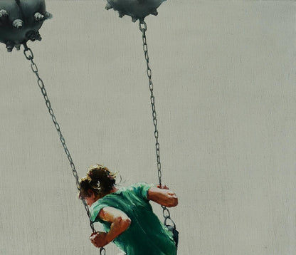 Oil painting by Oleg Kateryniuk: child in green shirt swings on spiked metal balls