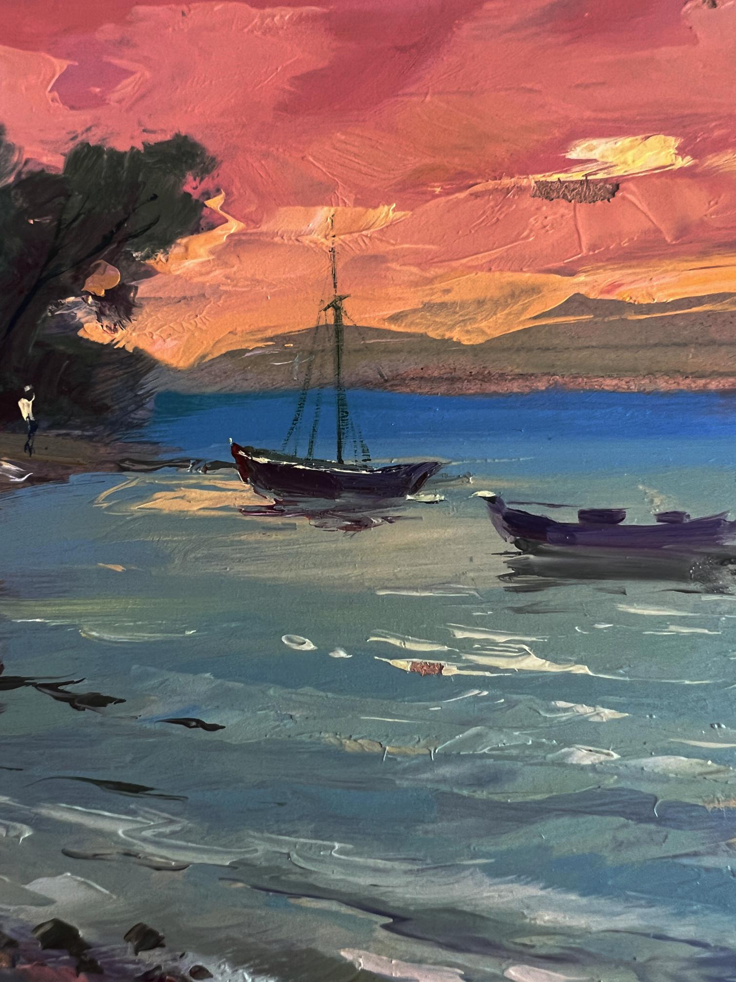 Oil painting of dark-hulled sailboat at sunset by Yuriy Suprunchuk