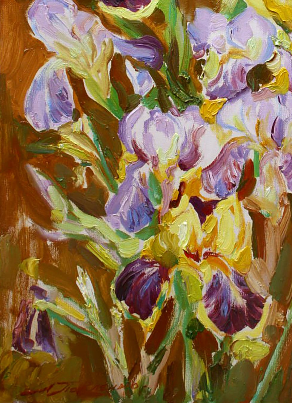 Oil painting Sunny morning with irises by Leonid Pavlenko vibrant purple yellow flowers