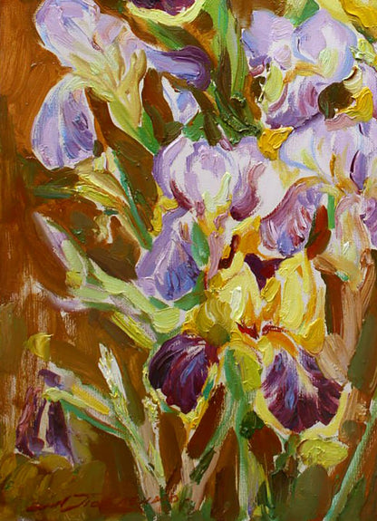 Oil painting Sunny morning with irises by Leonid Pavlenko vibrant purple yellow flowers