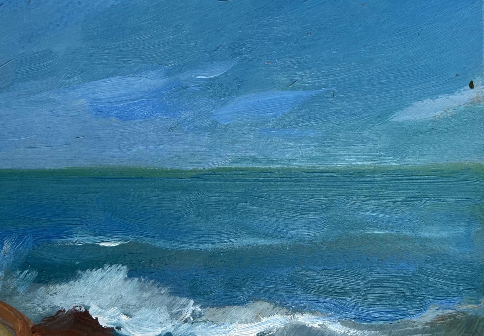 Oil painting by Yuriy Suprunchuk: textured blue ocean waves hitting rocks