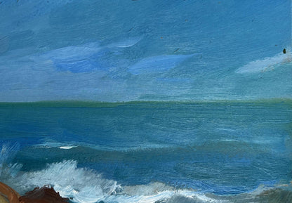 Oil painting by Yuriy Suprunchuk: textured blue ocean waves hitting rocks