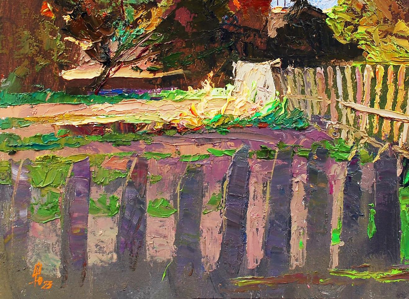 Vibrant impressionist oil painting Evening sketch by Egor Shvachunov with purple fence