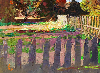 Vibrant impressionist oil painting Evening sketch by Egor Shvachunov with purple fence
