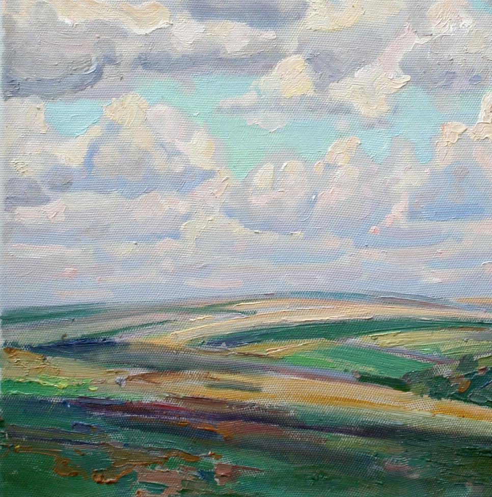 Oil painting In the fields by Leonid Pavlenko: green hills and clouds
