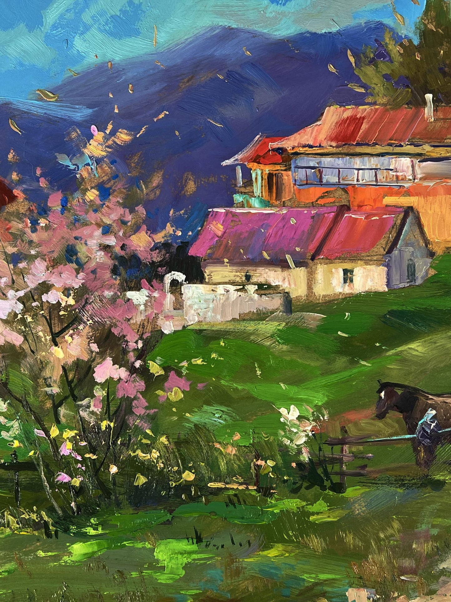 Oil painting of house on mountain by Yuriy Suprunchuk with cherry trees