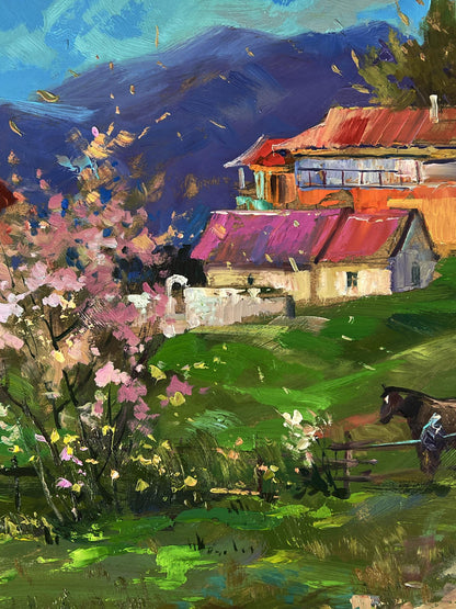 Oil painting of house on mountain by Yuriy Suprunchuk with cherry trees