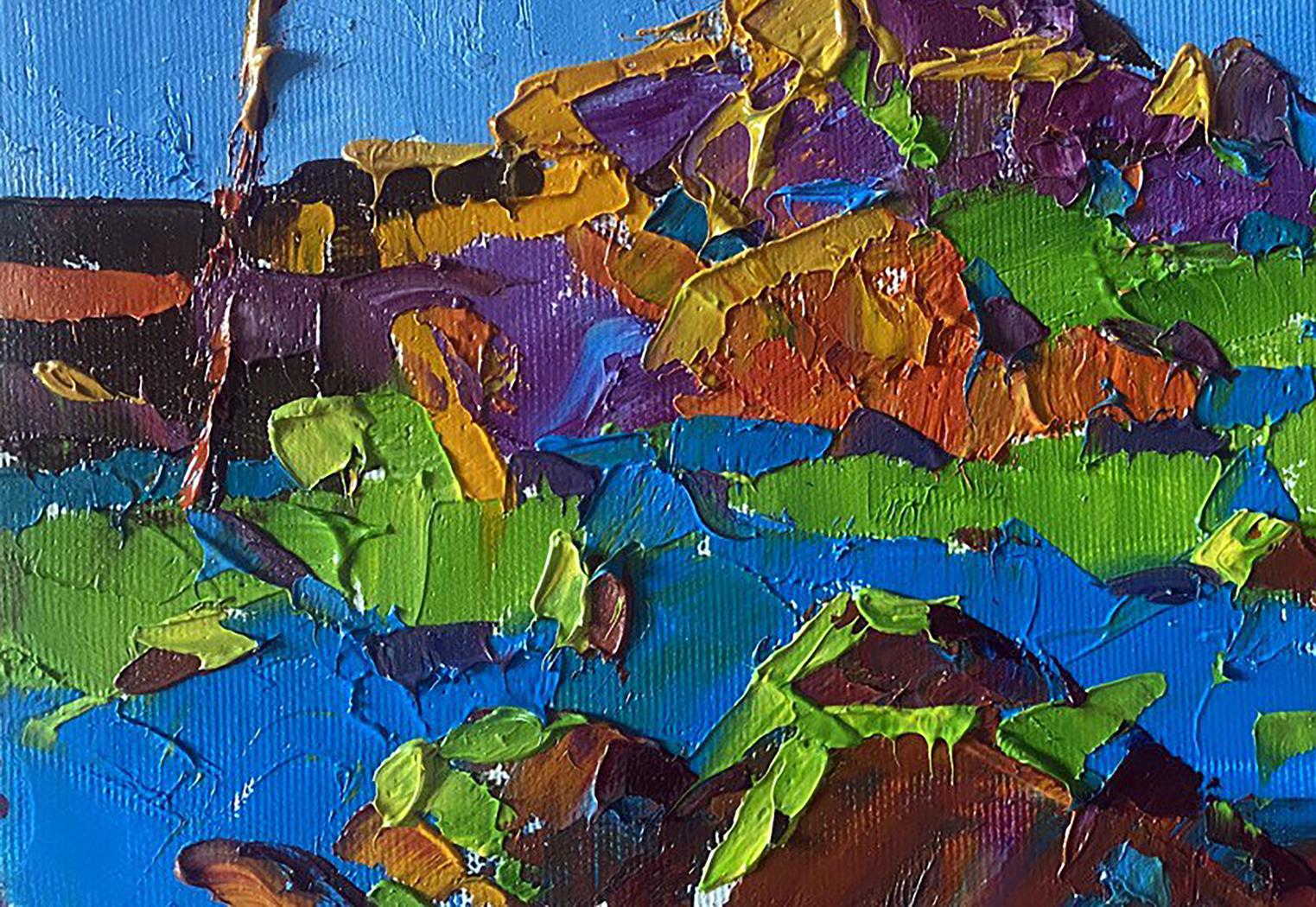 Vibrant Evening Ray oil painting by Oleksiy Ivanyuk with textured blue, green, purple, gold layers