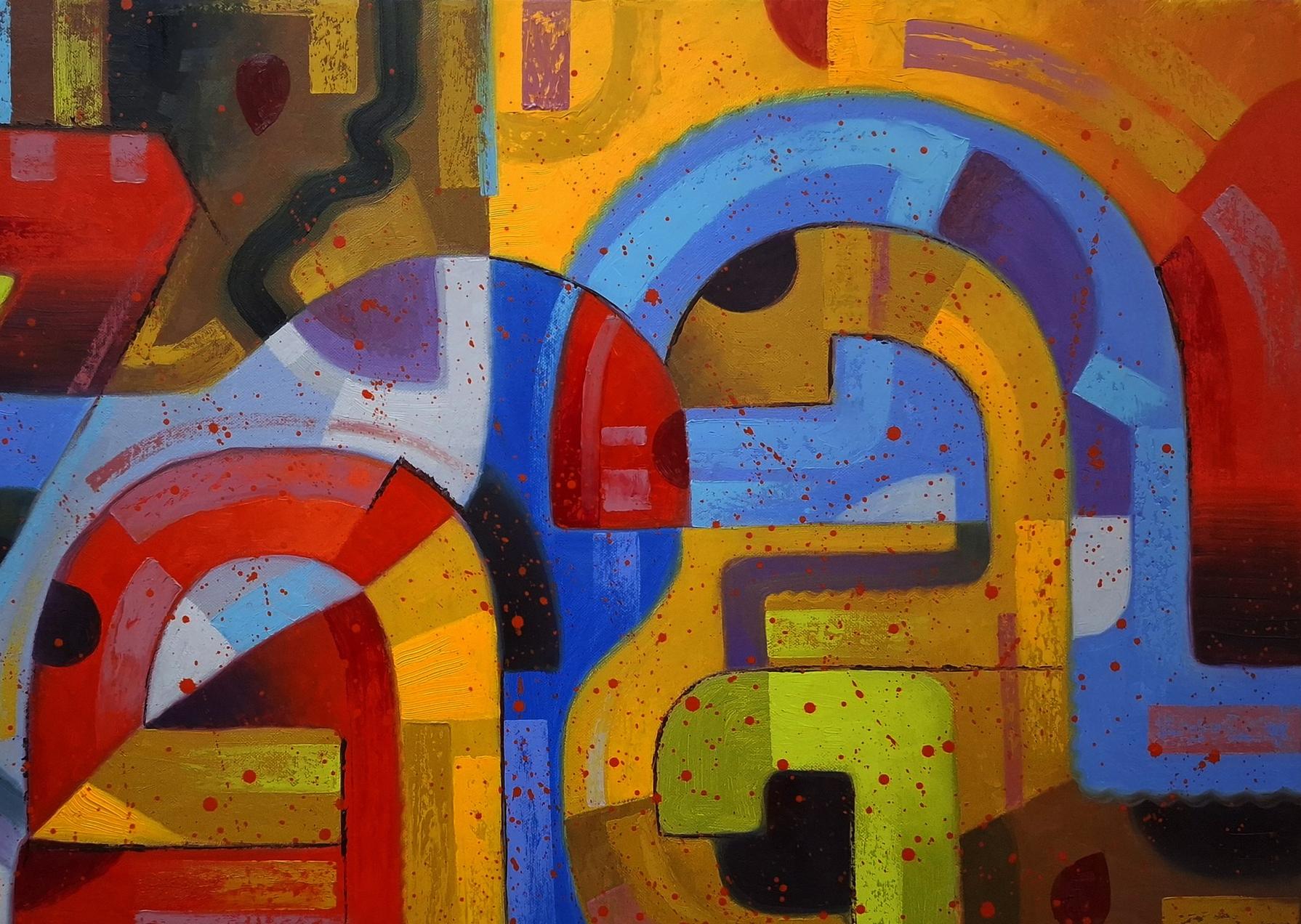 Vibrant oil painting In a Parade by Sergiy Voichenko with bold geometric shapes