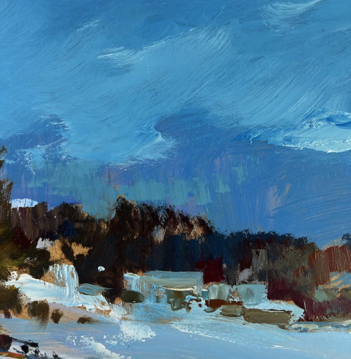 Oil painting Frozen winter river by Yuriy Suprunchuk with blue sky and snowy hills