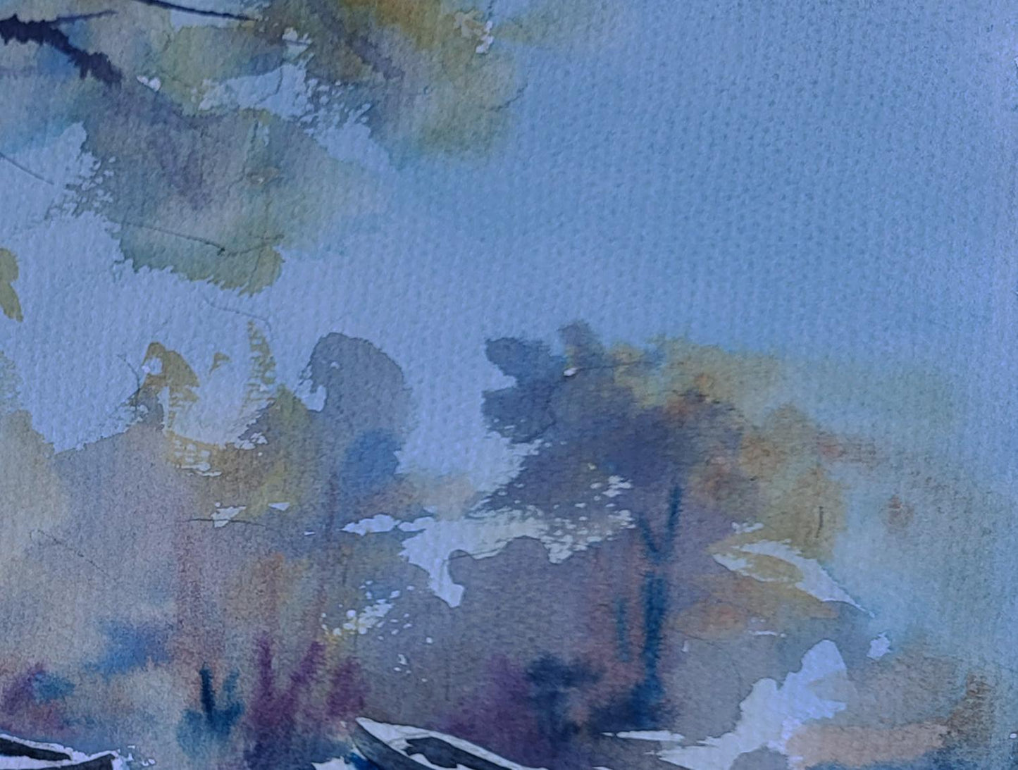 Watercolor painting of snowy morning light by Boris Serdyuk in blues and greens