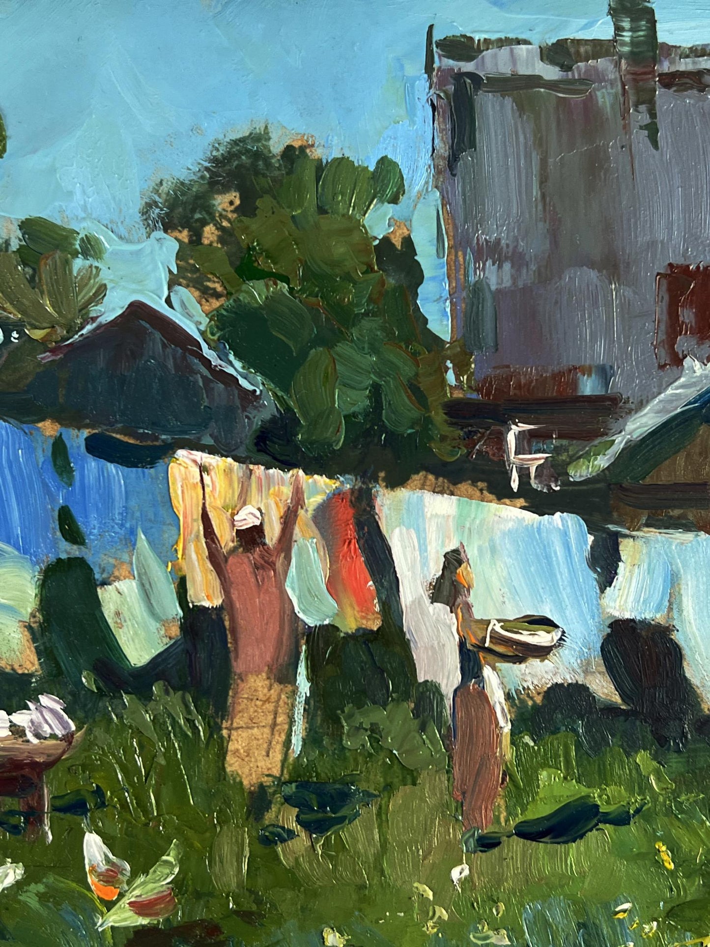 Vibrant oil painting of daytime rural life by Yuriy Suprunchuk, figures hanging laundry amid greenery