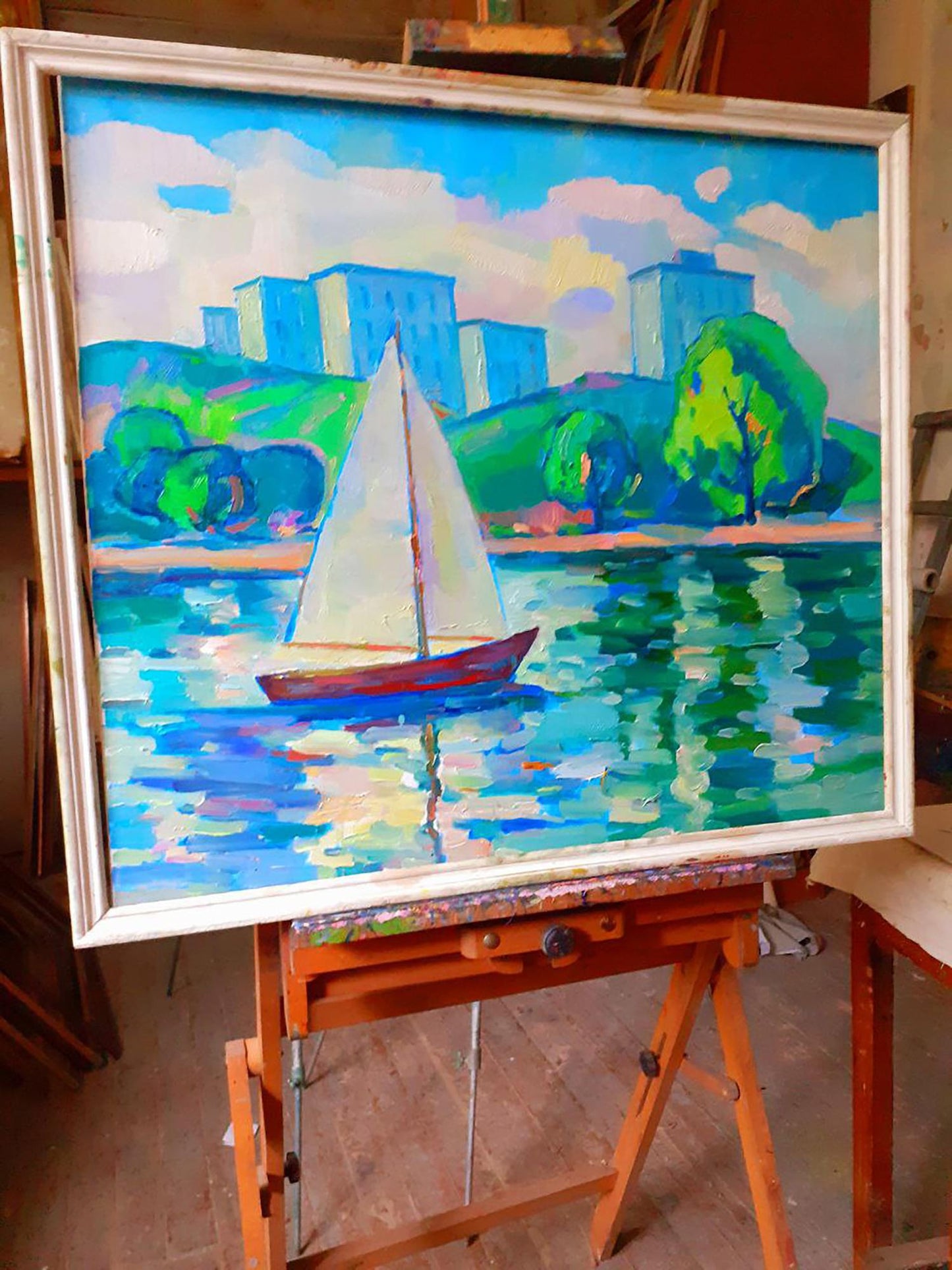 Vibrant impressionistic oil painting Sails at Sea by Peter Dobrev sailboat turquoise water
