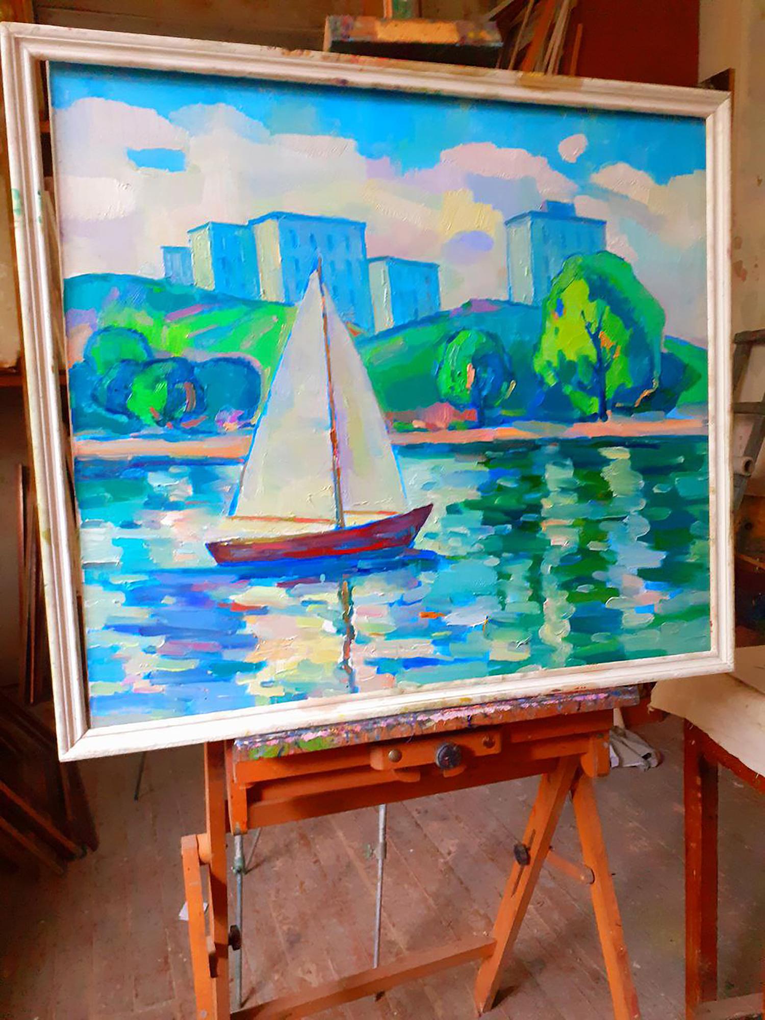 Vibrant impressionistic oil painting Sails at Sea by Peter Dobrev sailboat turquoise water