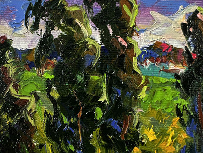 Vibrant impressionist oil painting of geese under trees by Oksana Ivanyuk