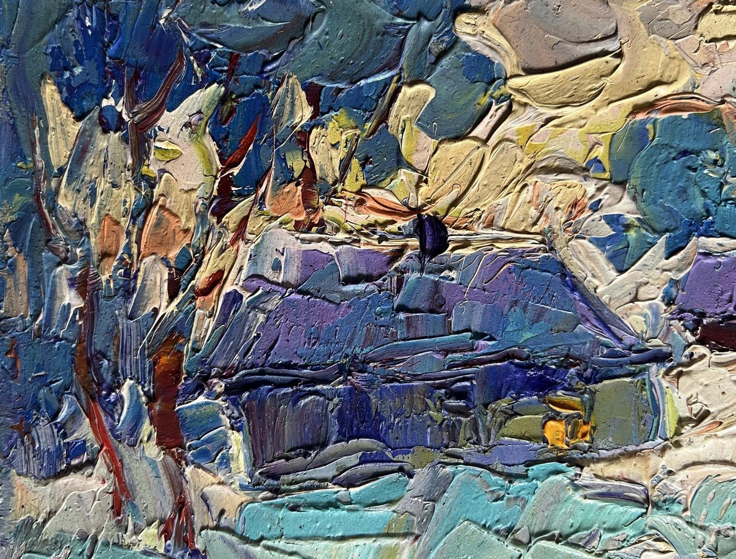 Oil painting Evening on the edge of the village by Oleksiy Ivanyuk, textured abstract impasto in blue, purple, yellow, teal
