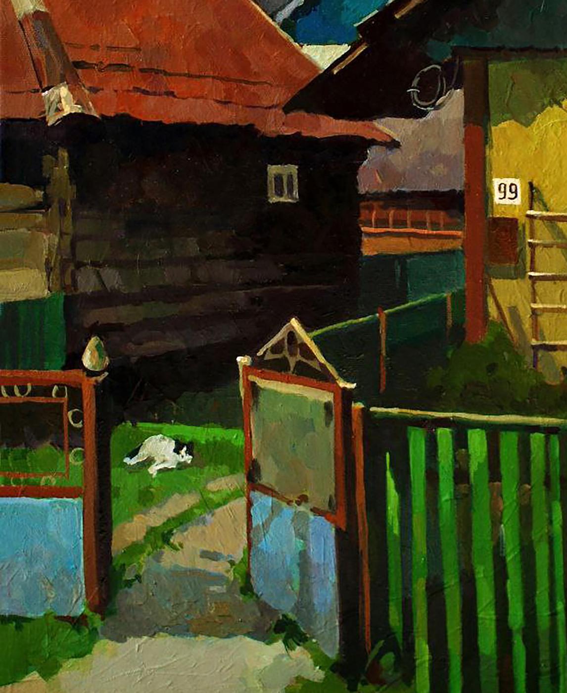 Black and white cat on green grass before wooden gate, Anastasia Yaroshevich oil painting