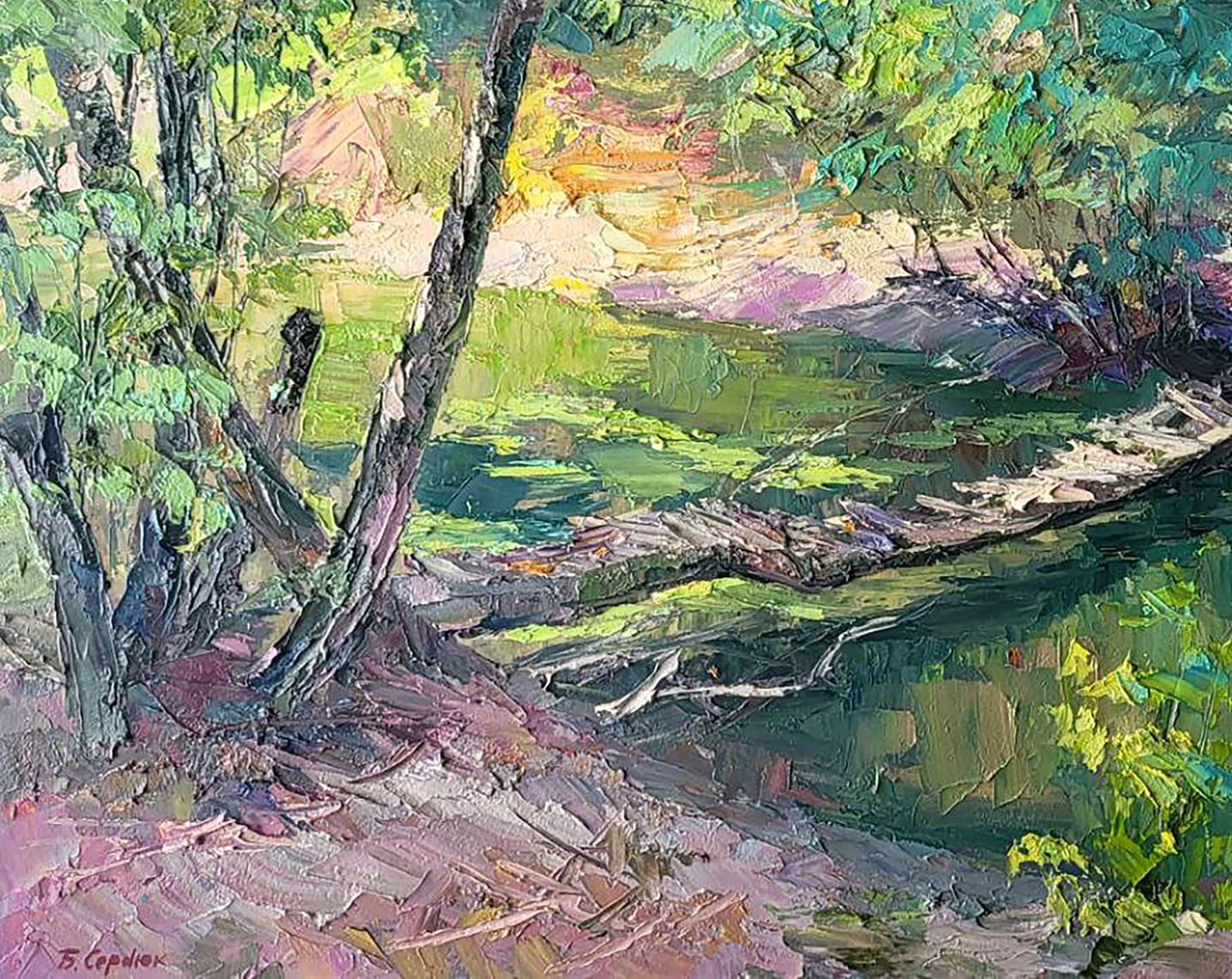 Vibrant impressionist oil painting of Boris Serdyuk bridge over sunlit forest stream