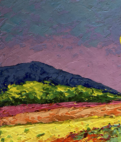 Oil painting Pink silky sunset V. Zadorozhnya with purple pink teal mountains
