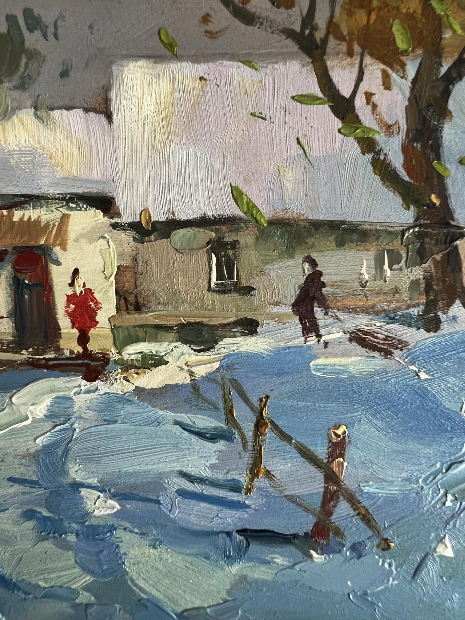 Textured impressionist oil painting by Yuriy Suprunchuk of snowy village after storm