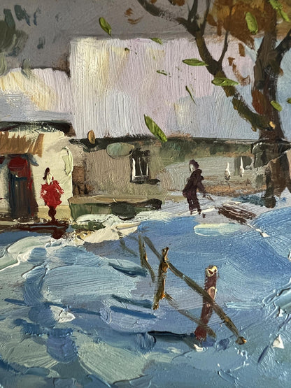 Textured impressionist oil painting by Yuriy Suprunchuk of snowy village after storm
