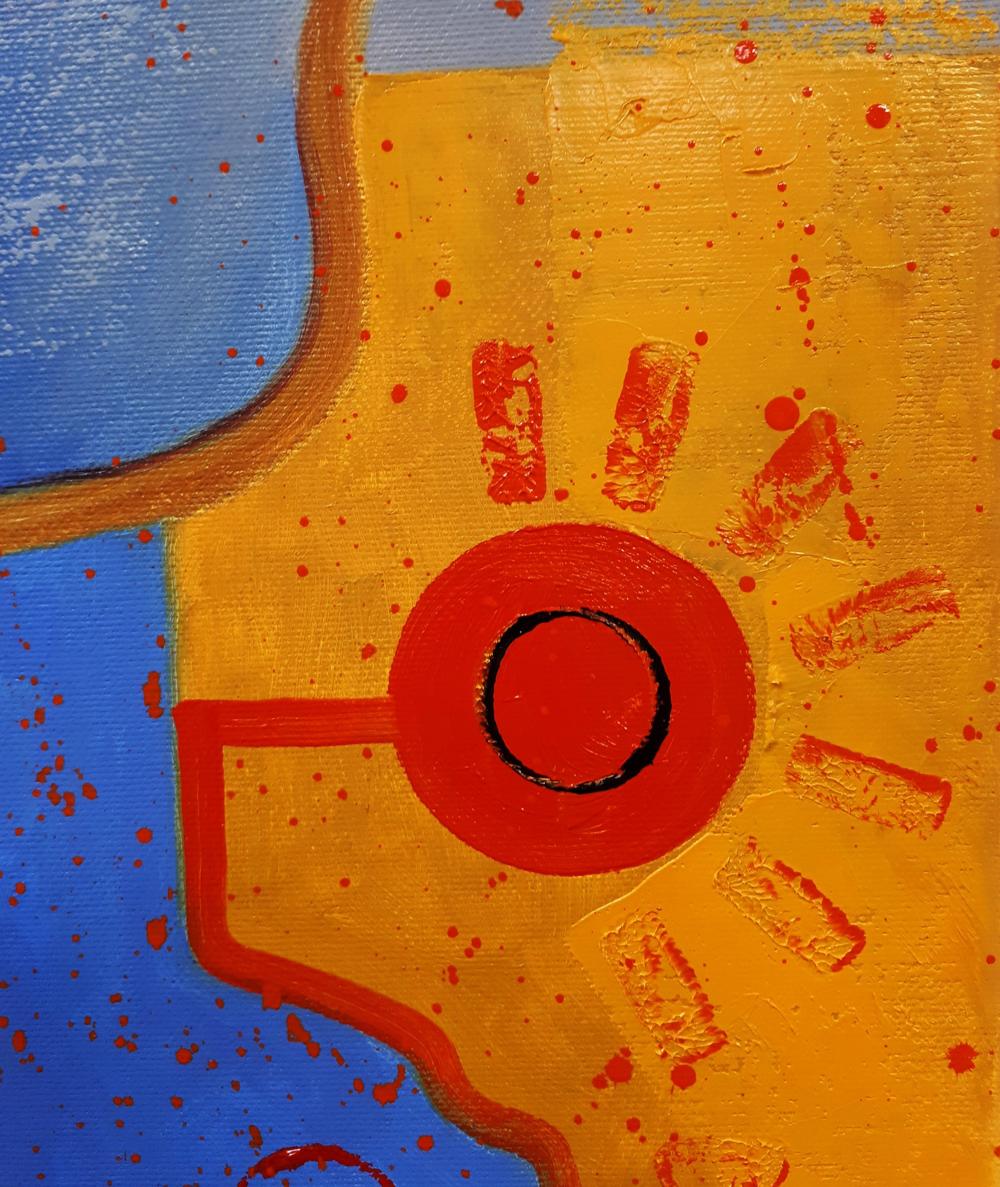 Vibrant abstract oil painting Leaves the bar by Sergiy Voichenko with red sun