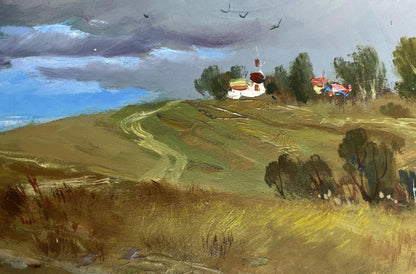 Rustic oil painting by Yuriy Suprunchuk: white church with red accents amid trees under grey cloudy sky