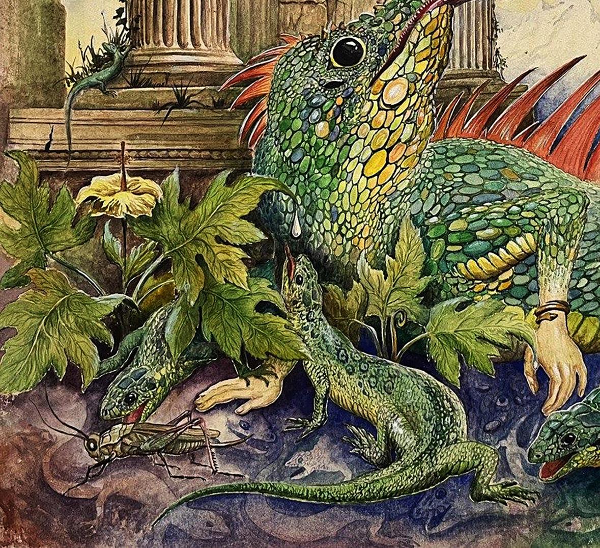 Vibrant green watercolor lizard painting by Dmytro Startsev with red spines