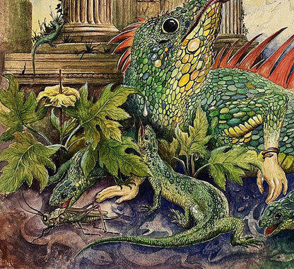 Vibrant green watercolor lizard painting by Dmytro Startsev with red spines