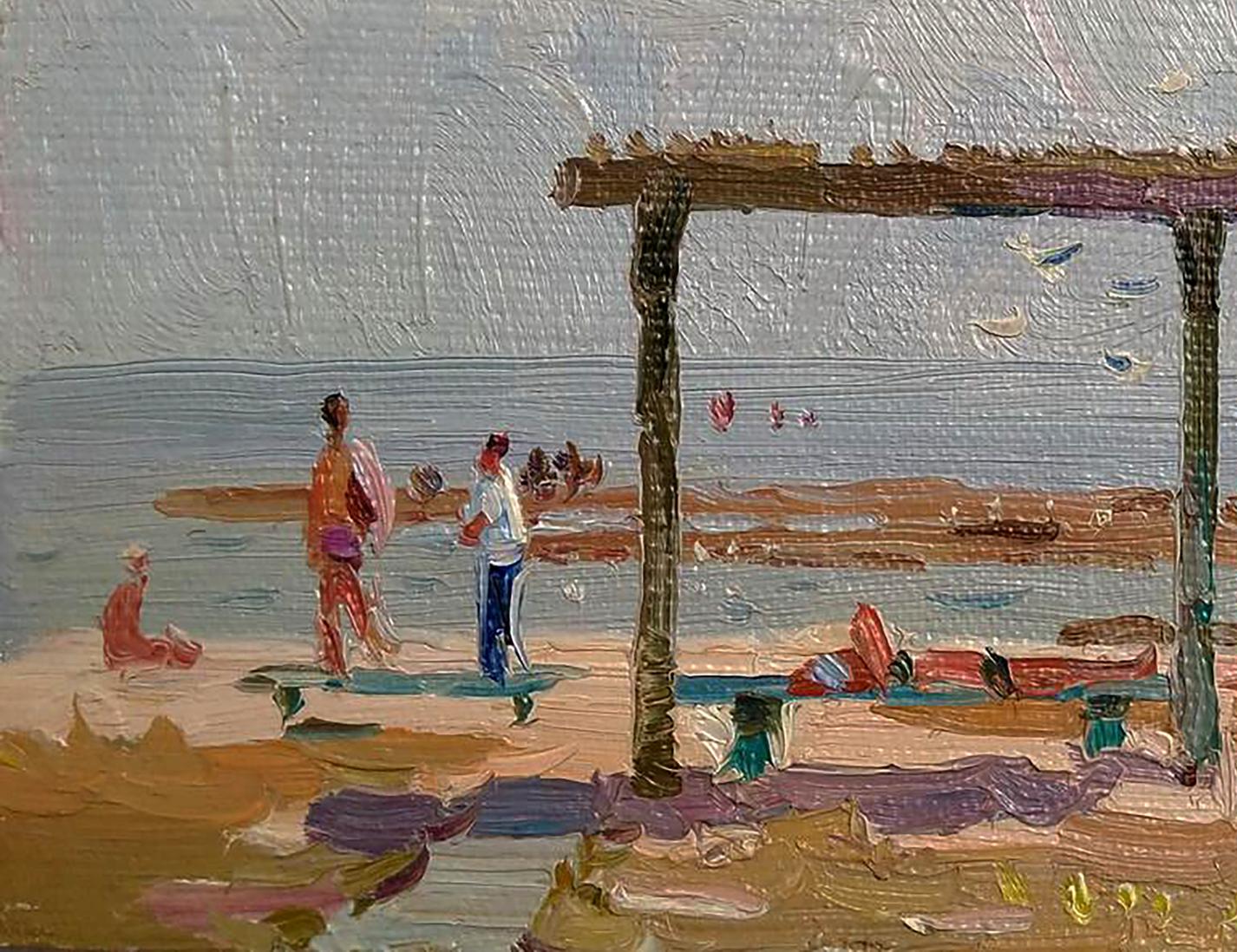Oil painting Near the River by Yury Konovalov: beach scene under pergola