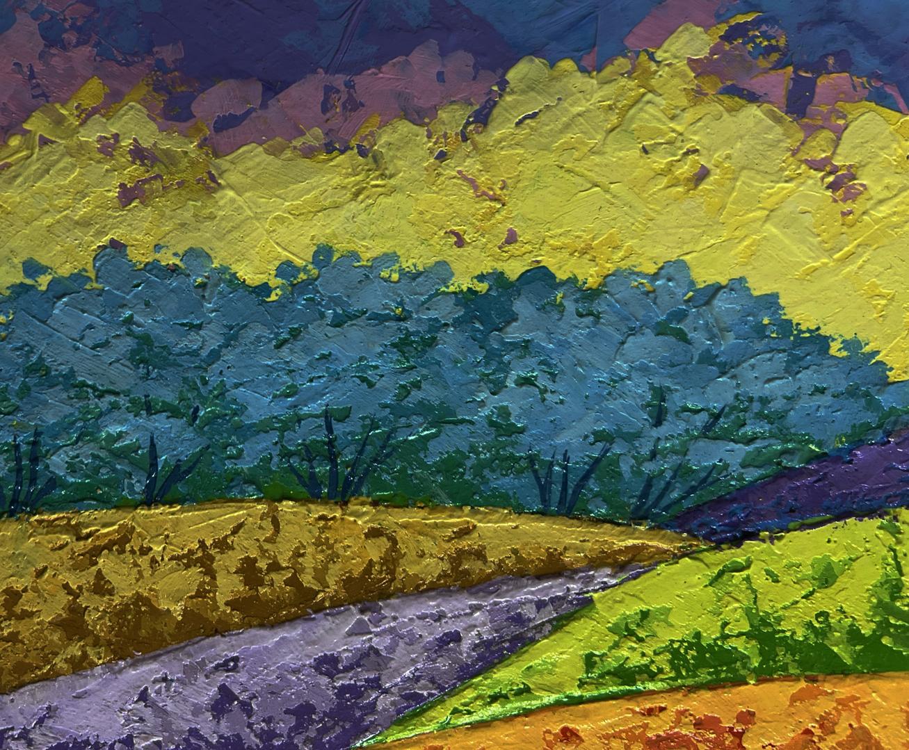 Vibrant fiery sky over green forest oil painting by V. Zadorozhnya