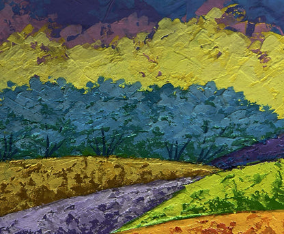 Vibrant fiery sky over green forest oil painting by V. Zadorozhnya