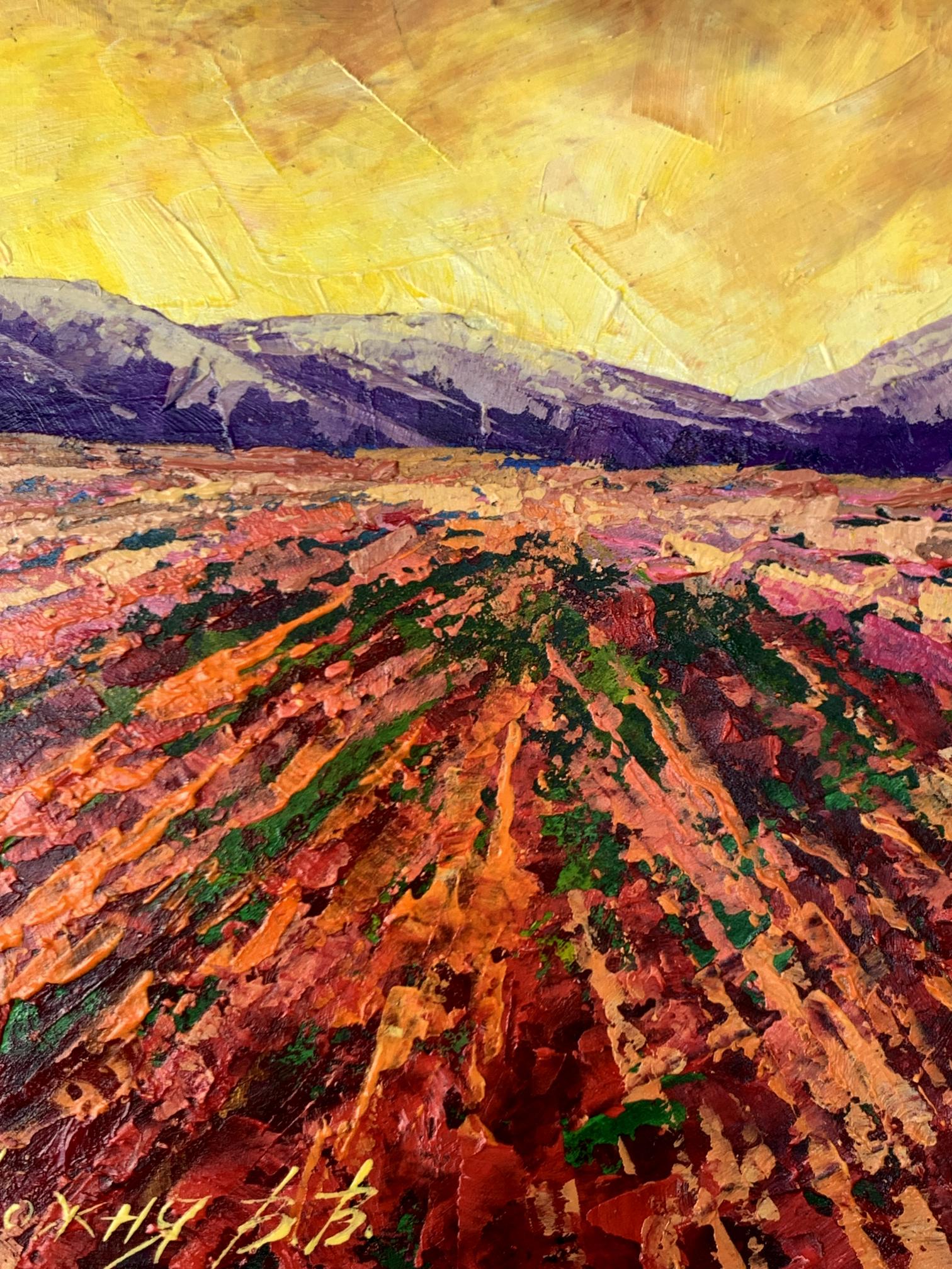 Vibrant impressionist oil painting of mountain sunset by V. Zadorozhnya