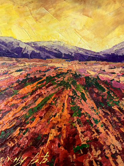Vibrant impressionist oil painting of mountain sunset by V. Zadorozhnya