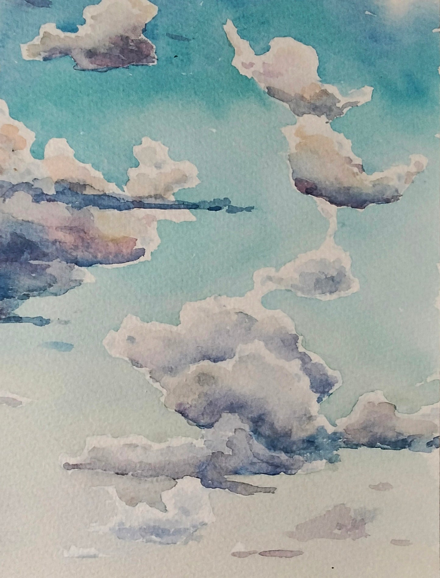 Watercolor painting of fluffy clouds in turquoise sky by Vitaly Duhnevich