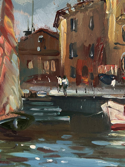 Oil painting of ancient Venice streets by Yuriy Suprunchuk with canal, boats